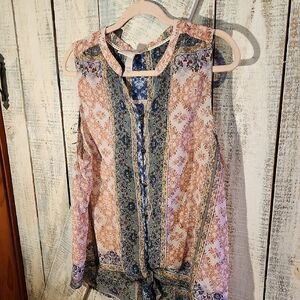Knox Rose Pink and Blue Sleeveless Tie Front Blouse